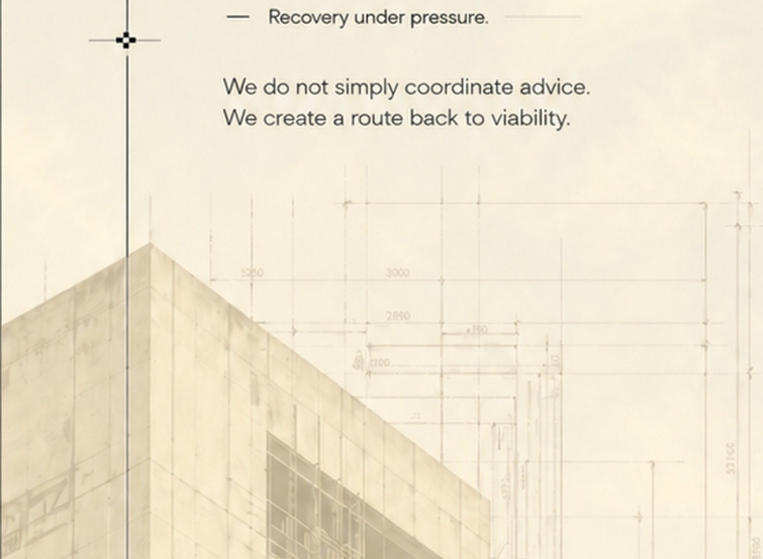 Modern concrete facade with pale architectural drawing overlay.