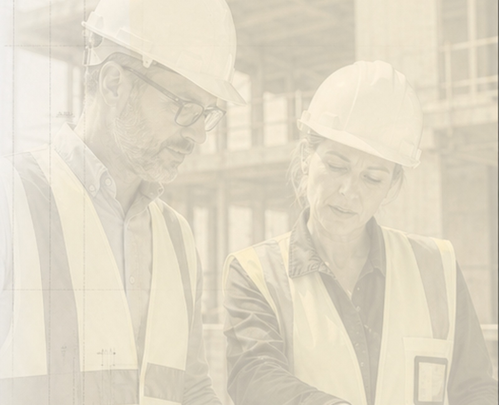 Construction professionals reviewing drawings on a partially built concrete frame site.